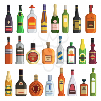 Different alcoholic drinks in bottles. Alcohol bottle drink whiskey and champagne, vodka and martini, brandy and rum, vector illustration