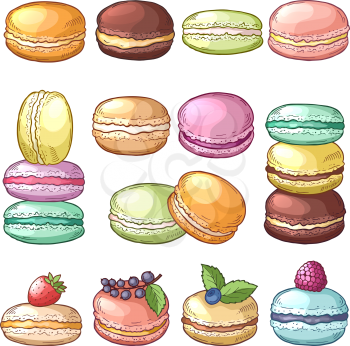Colored illustrations of delicious macaroons. French pastry and sweet delicious dessert vector