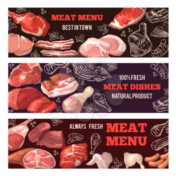 Banners with pictures of meat. Brochure design template for butcher shop. Set of poster with food meat, pork and beef. Vector illustration