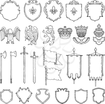 Medieval heraldic symbols isolate on white. Vector hand drawn illustrations. Medieval emblem royal crown and ancient sword