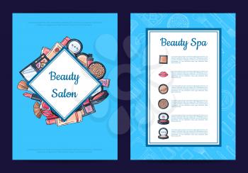 Vector card, flyer, brochure template for beauty brand, presentation with hand drawn makeup transparent background with framed romb and rectangle illustration