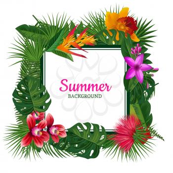 Vector frame with place for text, surrounded with tropical palm leaves and exotic flower elements isolated on white background illustration