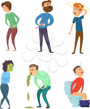 Stomachache poison and diarrhea. Healthcare illustrations. Vector characters set. Illness fever, disease and sickness symptom