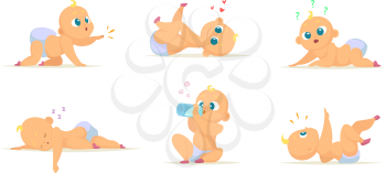 Set of cute newborn babies in different action poses. Vector kid infant character, funny baby crawl action illustration