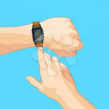 Business concept picture with mechanical hand watch. Vector illustration isolate. Time clock and watch wrist on hand