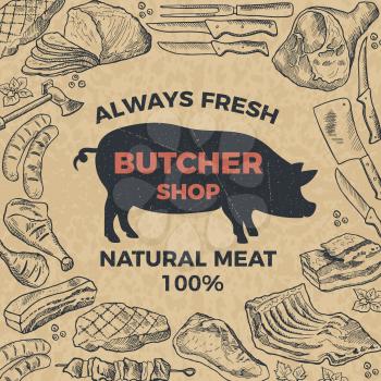 Retro poster for butcher shop. Hand drawn illustration. Vector butcher shop and market with natural meat