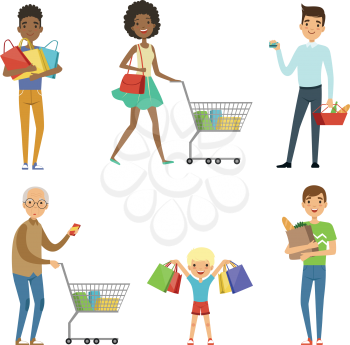 People of different ages make shopping. Vector characters isolate on white. Characters people with purchase, customer in market with product illustration