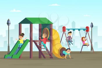 Happy childhood. Kids playing on playground. Area at public park. Kindergarten and preschool area with swing. Vector illustration