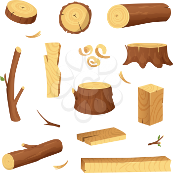 Materials for wood industry. Tree lumber, trunk. Vector pictures set in cartoon style. Wooden trunk, ilustration of firewood material