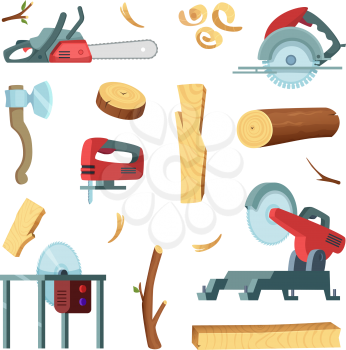 Icon set of different tools of wood industry production. Wood material and equipment for work. Vector illustration