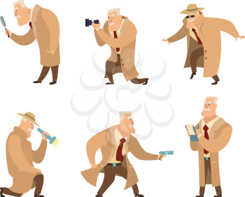 Detective in different action pose. Vector character in cartoon style. Detective character police, person inspector and investigator illustration