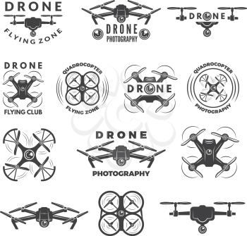 Set labels with different illustrations of drones. Quadrocopter photography with propeller vector