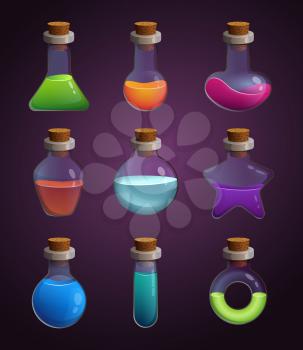 Glass bottles with various liquids. Pictures in cartoon style. Bottle elixir of set, potion magic flask illustration