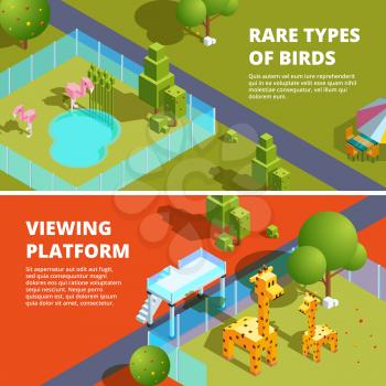 Horizontal banners with zoo and funny animals. Isometric 3d illustrations. Vector rare type bird and viewing platform banner