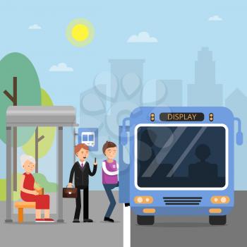 Public autobus station with passengers wich sit in the bus. Transportation public, transport station with passenger. Vector illustration