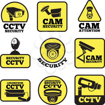 CCTV labels. Vector illustrations with security cameras symbols. Camera surveillance for security and safety protection,