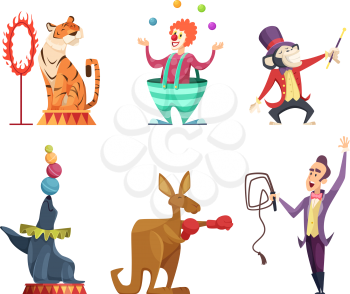 Circus cartoon characters. Vector mascots isolate on white. Cartoon show, comic and funny kangaroo, tamer and monkey illustration