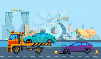 Transport accident in Urban landscape. Vector background in cartoon style. Illustration of road evacuate, broken transportation car