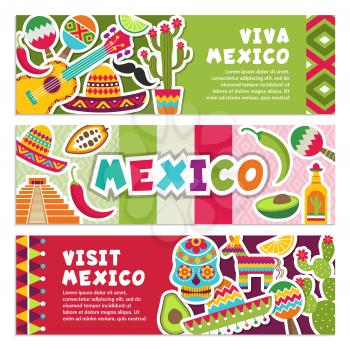 Horizontal banners with Mexican symbols. Viva mexico, visit to mexican ethnic. Vector illustration