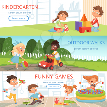 Banners set with pictures of preschool kids with various educational toys. Vector preschool child, childhood poster, walk outdoor children, playground kindergarten girl and boy illustration