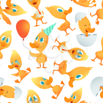 Cartoon ducks pattern. Seamless background with cartoon funny birds. Vector bird mascot character, wildlife mammal duckling illustration