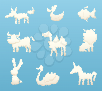 Shapes of animal clouds. Different funny cartoon clouds. Vector animal cloud in sky, fluffy silhouette bunny and unicorn illustration