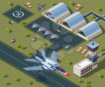 Military airport isometric. Low poly 3d of usa aircraft. Airplane on airbase, helicopter flight transportation. Vector illustration
