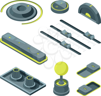Isometric buttons. Realistic 3D pictures of various UI buttons. Button isometric control, switch equipment. Vector illustration