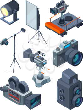Photo video cameras. Various equipment of video or photo studio. Photography professional device. tripod and cart, screen and camcorder, vector illustration