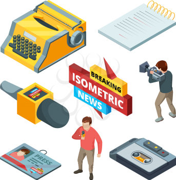 Video news and journalistic. Isometric pictures set of blogging and news symbols. Video journalist, media camera, multimedia live illustration