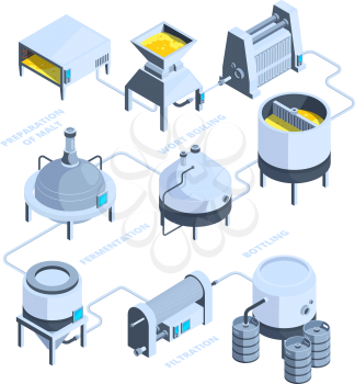 3d landscape of brewery. Vector isometric background of plant for beer production. Beer brewery, brewing production, filtration and boiling illustration