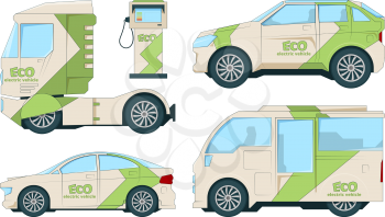 Eco electric automobiles. Cartoon transport. Automobile eco, car electric transport, energy power bio transport. Vector illustration