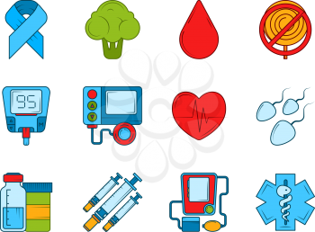 Diabetic medical symbols. Insulin, syringe and other medical icons set. Blood diabetes equipment measurement. Vector illustration