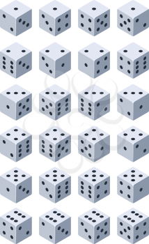 Dice for play. Various isometric 3d pictures of dice for games. Dice cube for casino play, gambling and fortune. Vector illustration