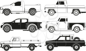 Pickup truck silhouettes. Black pictures of various automobiles. Transport pickup 4x4 collection, monochrome black, vector illustration