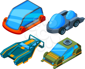 Futuristic isometric cars. Vector 3d low poly futuristic automobiles. Car automobile electric, future transport illustration