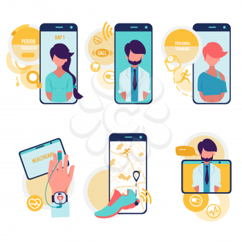 Healthcare and technologies. Vector cartoon icons set of medicine with computer technologies. Medicine technology, consultation online and run sport, tracker and personal training illustration