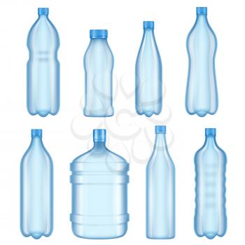 Transparent plastic bottles. Vector illustrations of bottles for water. Container transparent collection for water