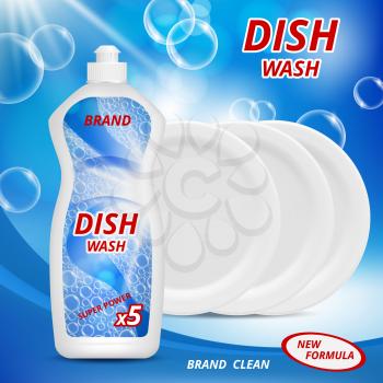 Liquid detergent for washing dishes. Advertizing poster with illustrations of various dishware. Detergent for dish clean, wash kitchen advertising vector