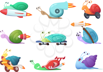 Snails cartoon characters. Slow sea slug or caracoles vector illustrations. Speed and fast snail character, slime insect collection