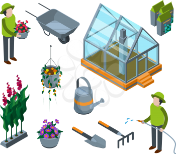 Greenhouse flowers. Agricultural concept 3d glass house with plants vegetables fruits trees nursery vector isometric illustrations. Greenhouse isometric, farming vegetable in glasshouse