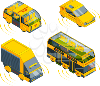Autonomous vehicle. Unmanned transport at road emergency cars train taxi and buses isometric vector pictures. Illustration of autopilot auto with sensor radar
