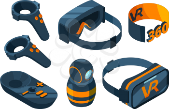 VR isometric Icon. Immersed virtual reality experience gaming equipment helmet and glasses simulator vector 3D pictures. Illustration of helmet equipment, device technology vr