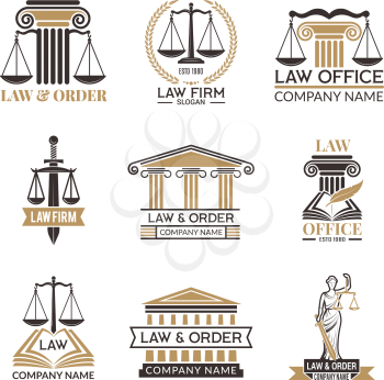 Badges of law and legal. Hammer of judge, legal code black illustrations of labels for jurisprudence. Legal notes vector pictures. Justice and lawyer, court and authority