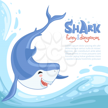 Shark attack background. Blue dangerous fish with big teeth swimming sea ocean water. Vector cartoon background animal jumping splashes. Illustration of shark banner for invitation and announcement