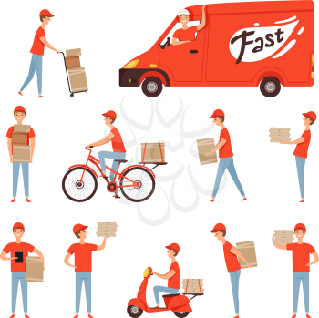 Pizza delivery characters. Van and motorcycle or moped for delivery man fast business service restaurant transport vector pictures. Motorcycle and moped, courier pizza on scooter illustration
