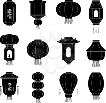 Chinese lantern silhouetes. Japanes asian paper lanterns at chinatown festival vector cartoon illustrations. Lantern china silhouette, lamp chinese paper