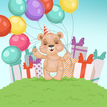 Cute bear background. Funny teddy bear toy for kids sitting or standing birthday or valentine gifts vector character. Illustration of teddy bear with gift box