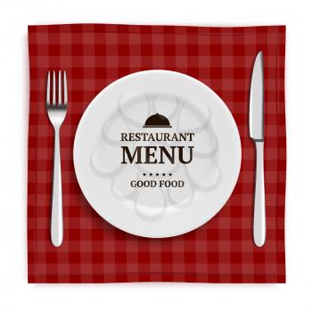 Realistic restaurant menu. Template menu with illustrations of tableware and cutlery knife and fork. Tableware plate for lunch, cutlery utensil. Vector illustration