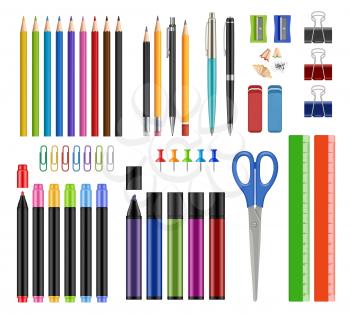 Stationary collection. Pen pencils sharpen rubber school education tools or office supply items vector realistic illustrations isolated. Pencil stationery collection, tool brush stationary